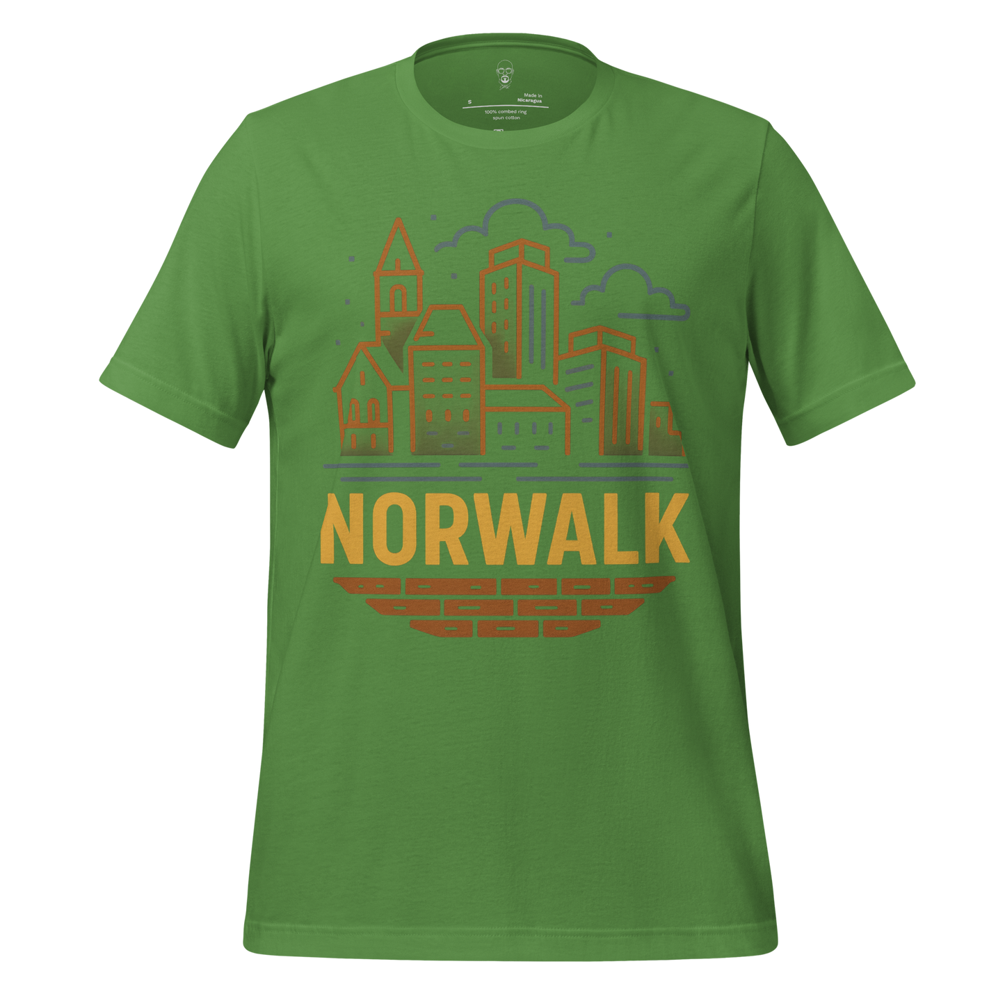 Green JMK Drip Norwalk Graphic T-Shirt with city skyline design on front