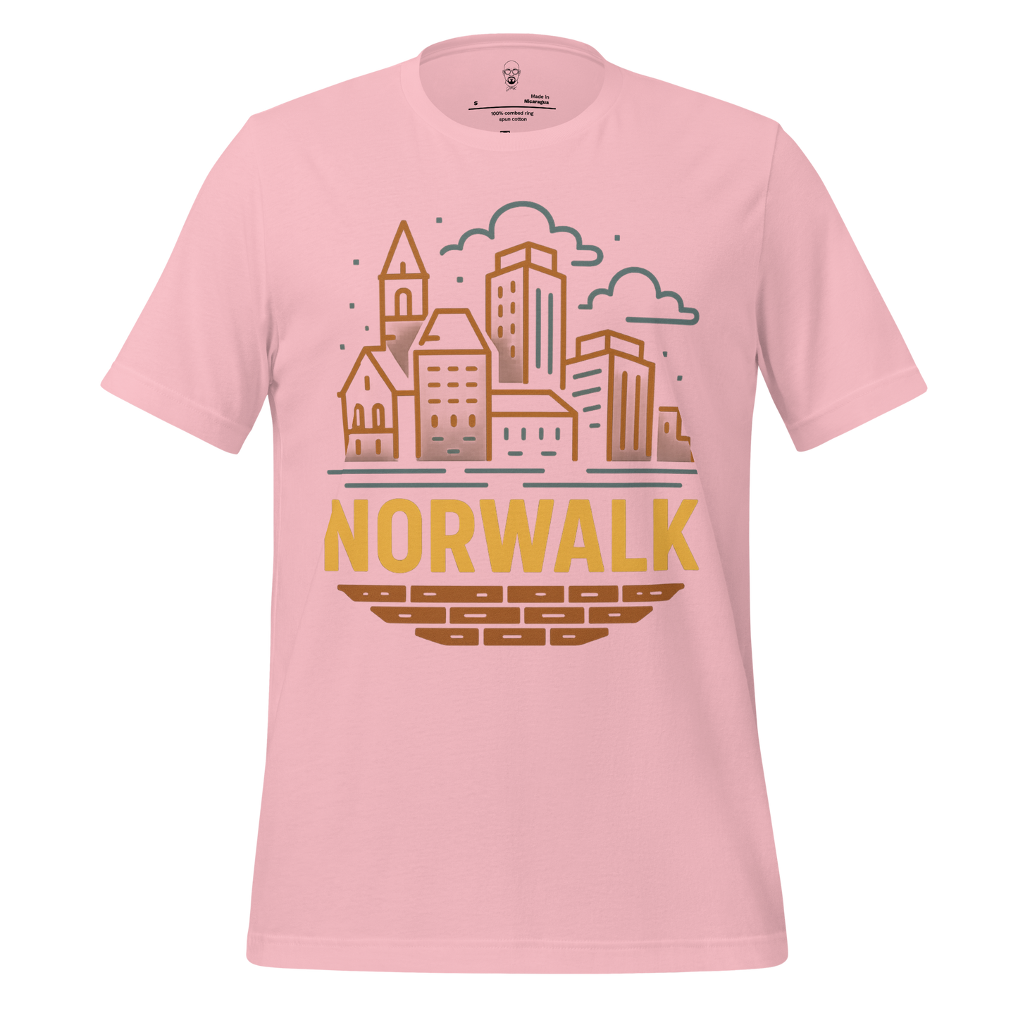 JMK Drip pink Norwalk Graphic T-Shirt with city skyline illustration and bold yellow text