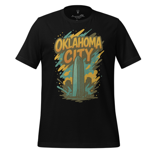 Black JMK Drip Oklahoma City Graphic T-Shirt with colorful cityscape and bold lettering design