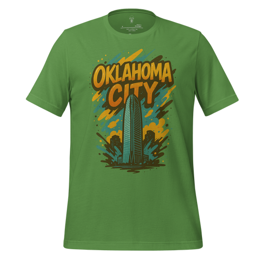 Green Oklahoma City Graphic T-Shirt with skyline and bold text design by JMK Drip