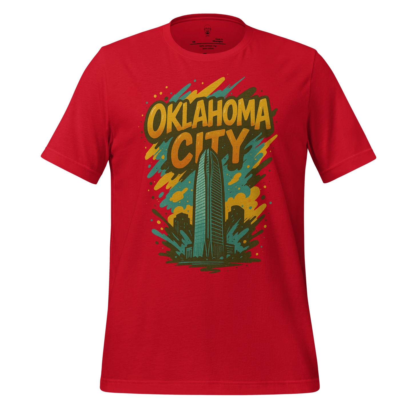 Red Oklahoma City Graphic T-Shirt featuring colorful city skyline and bold lettering