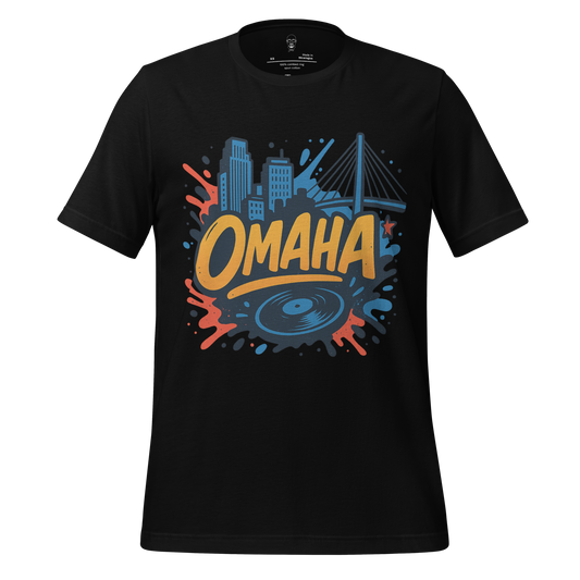 Black JMK Drip Omaha Graphic T-Shirt with colorful city skyline, bridge, and record design
