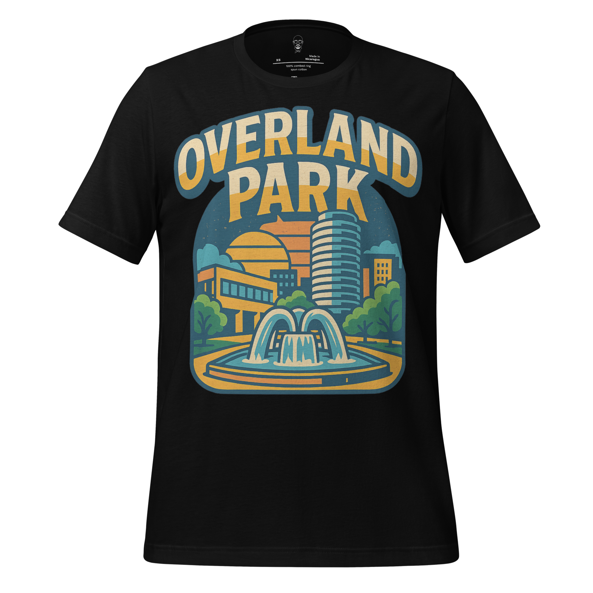 Black Overland Park t-shirt by JMK Drip with colorful cityscape and fountain graphic design