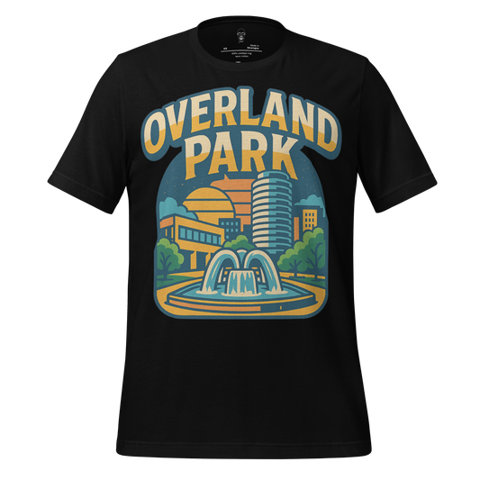 Black Overland Park t-shirt by JMK Drip with colorful cityscape and fountain graphic design