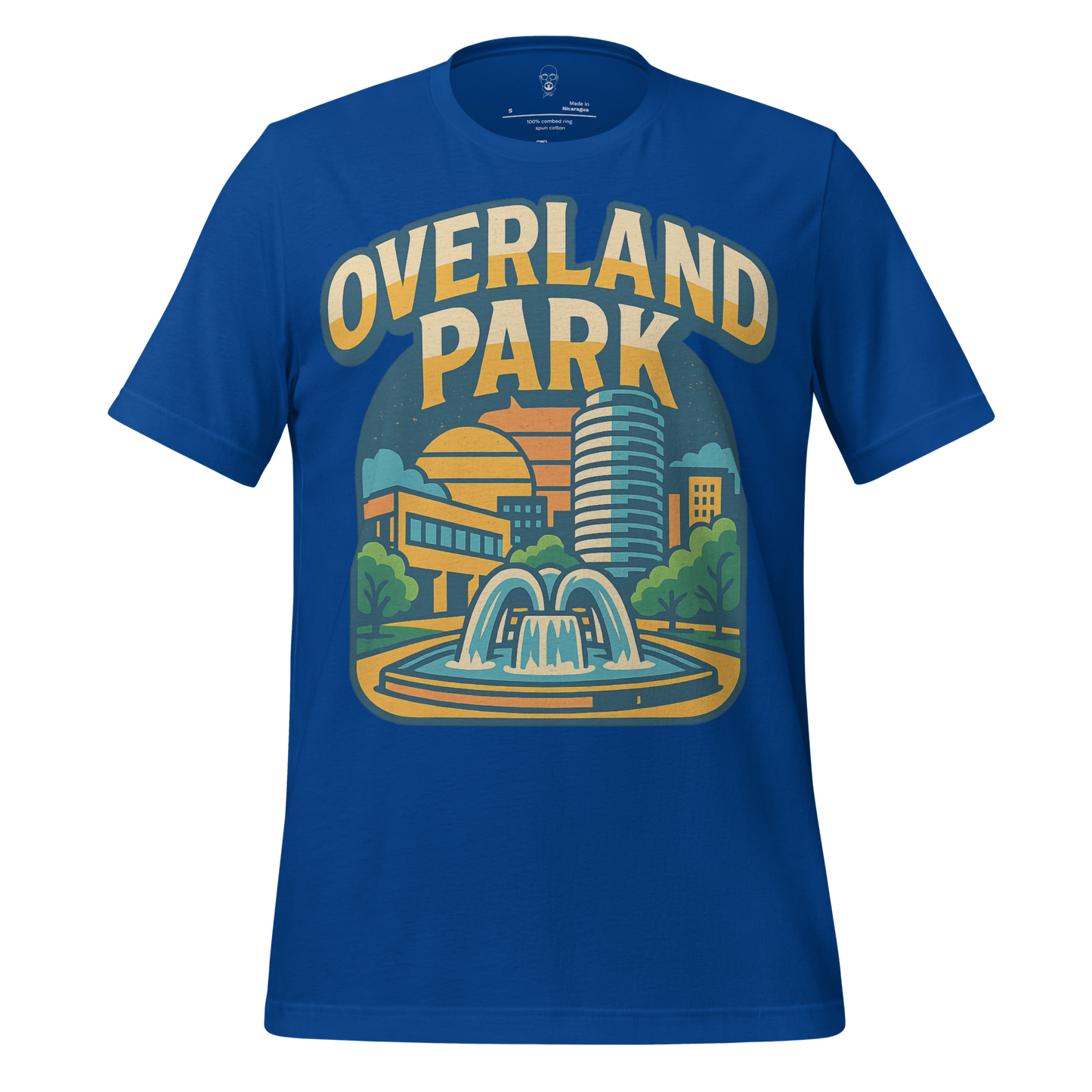 JMK Drip blue Overland Park t-shirt with graphic of cityscape and fountain design