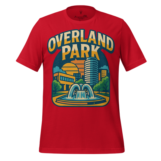 Red Overland Park t-shirt by JMK Drip featuring downtown cityscape and fountain graphic