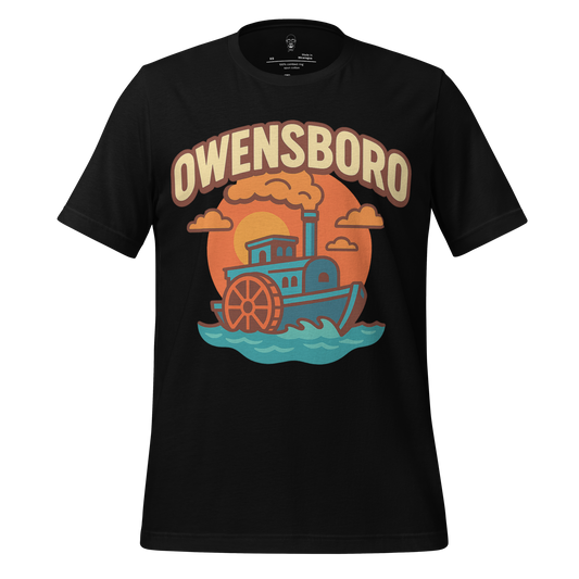 Black Owensboro graphic t-shirt featuring a colorful steamboat and sunset design by JMK Drip