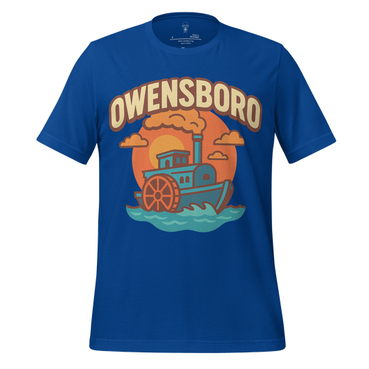 JMK Drip Owensboro graphic t-shirt featuring a steamboat design on a blue background