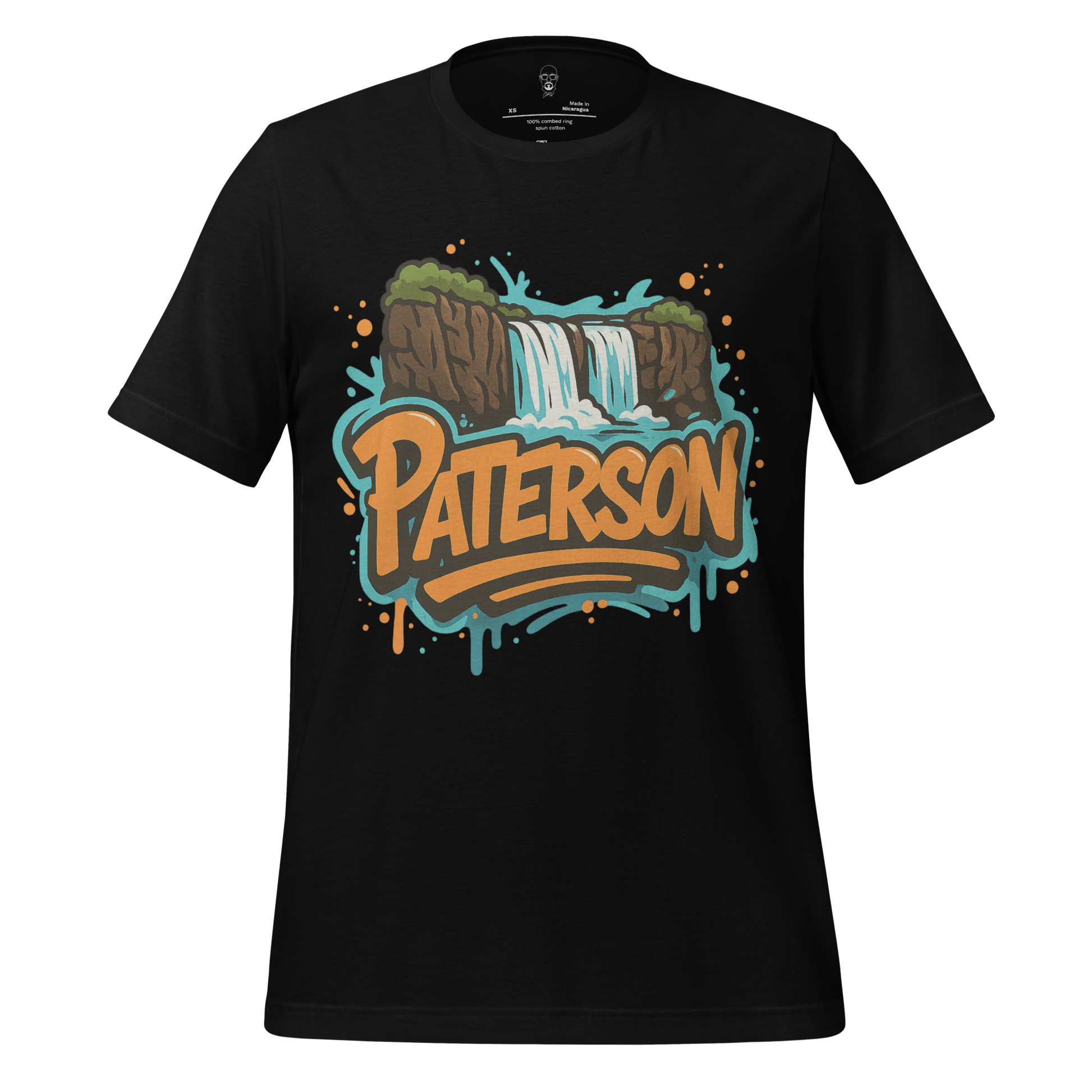 Black Patterson Graphic T-Shirt by JMK Drip featuring a colorful waterfall and Paterson text design