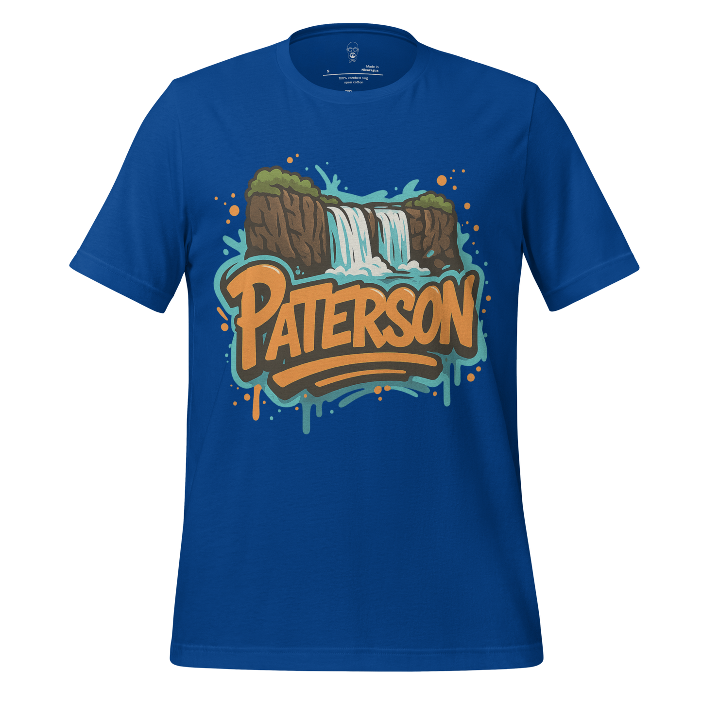 JMK Drip Patterson Graphic T-Shirt in blue with waterfall and Paterson text design