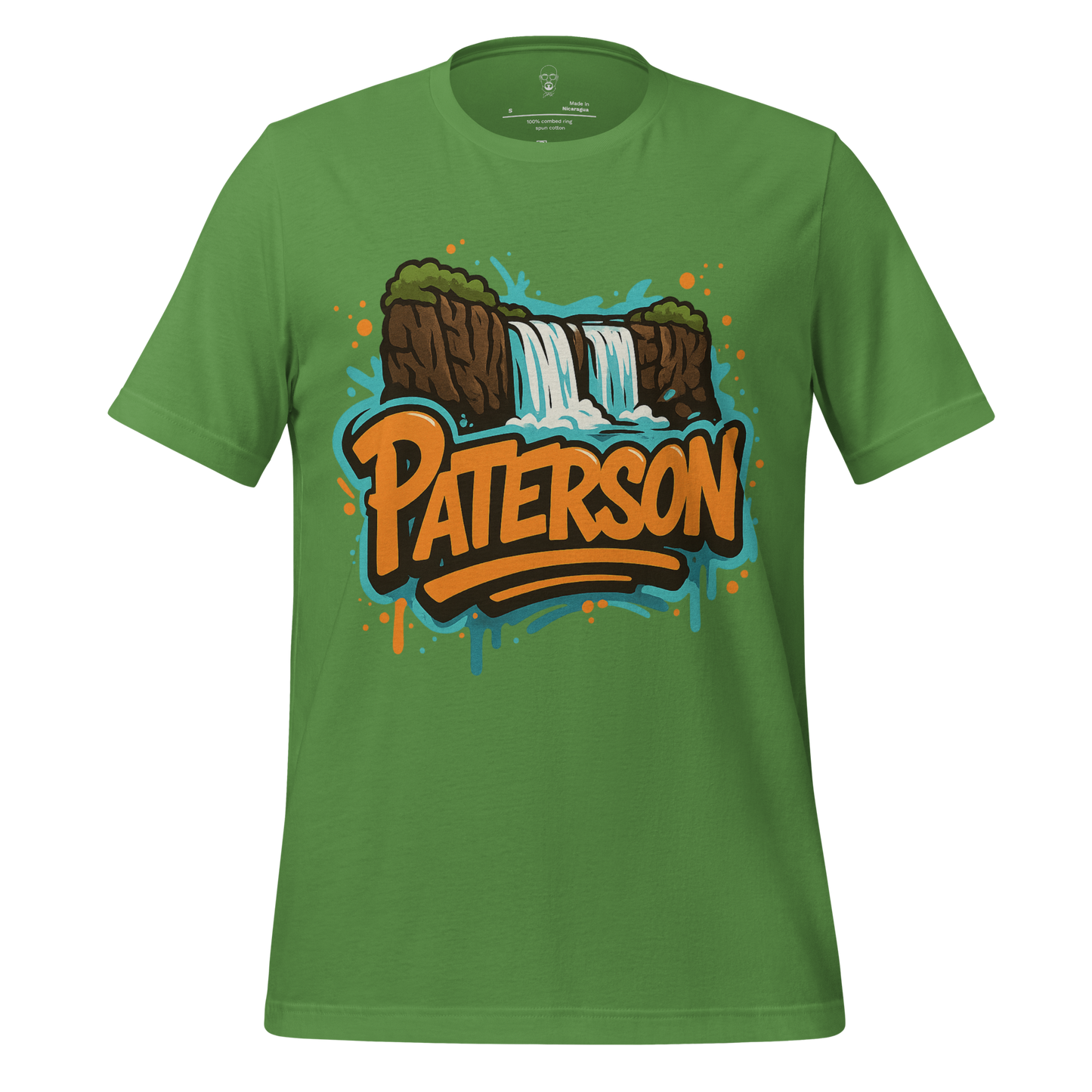 Green Patterson Graphic T-Shirt by JMK Drip featuring waterfall and bold Paterson text design