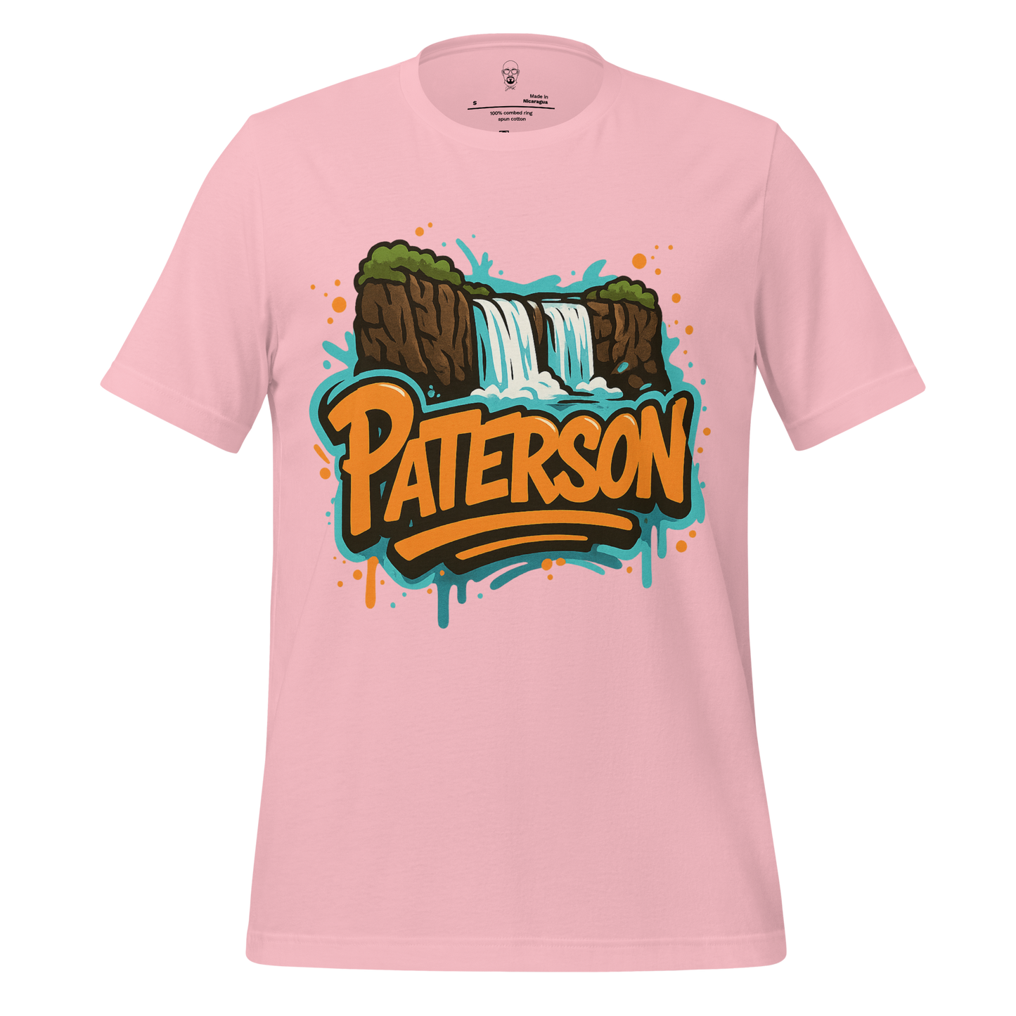 JMK Drip pink Patterson Graphic T Shirt with waterfall and bold orange text design