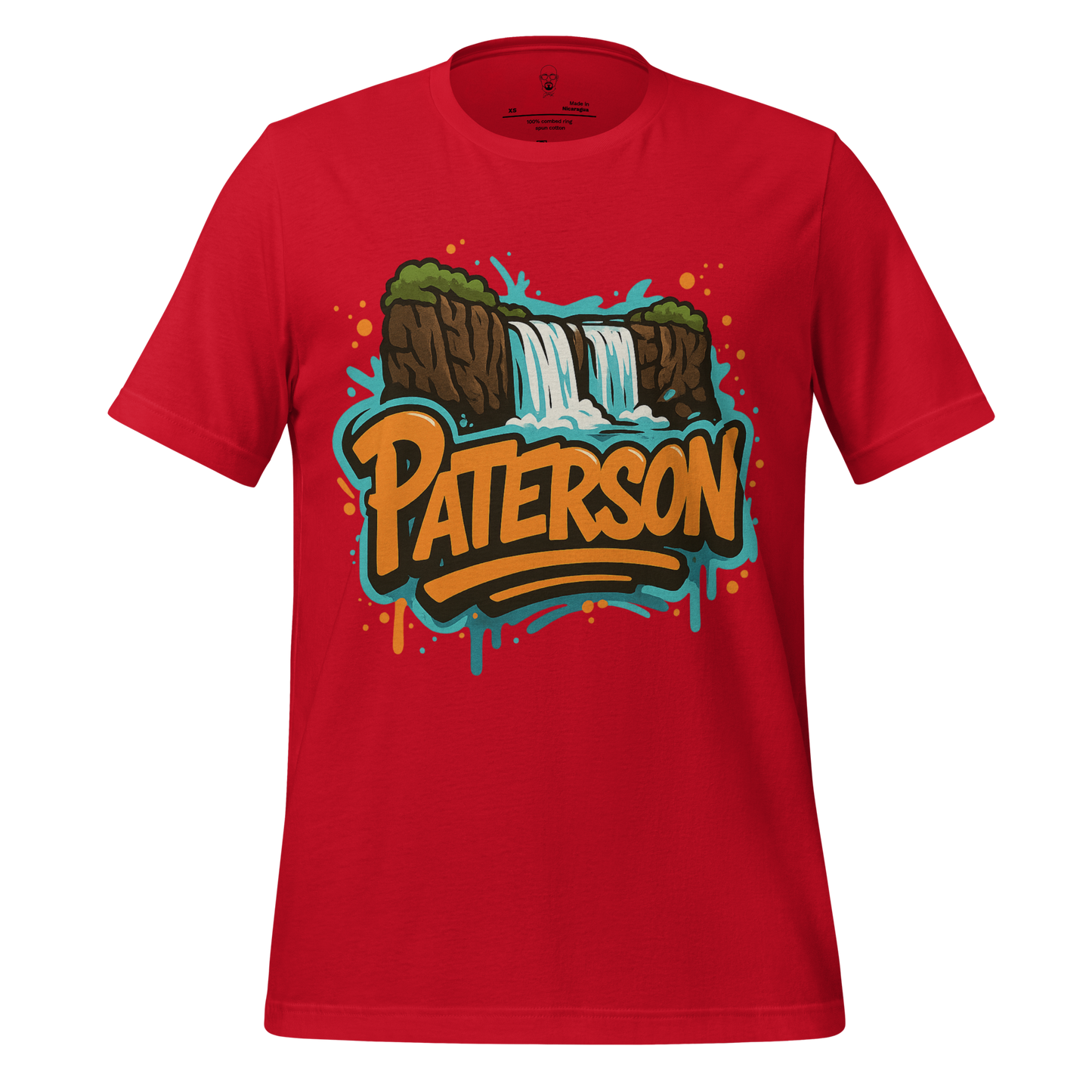 Red Patterson Graphic T-Shirt by JMK Drip featuring colorful waterfall and bold text design