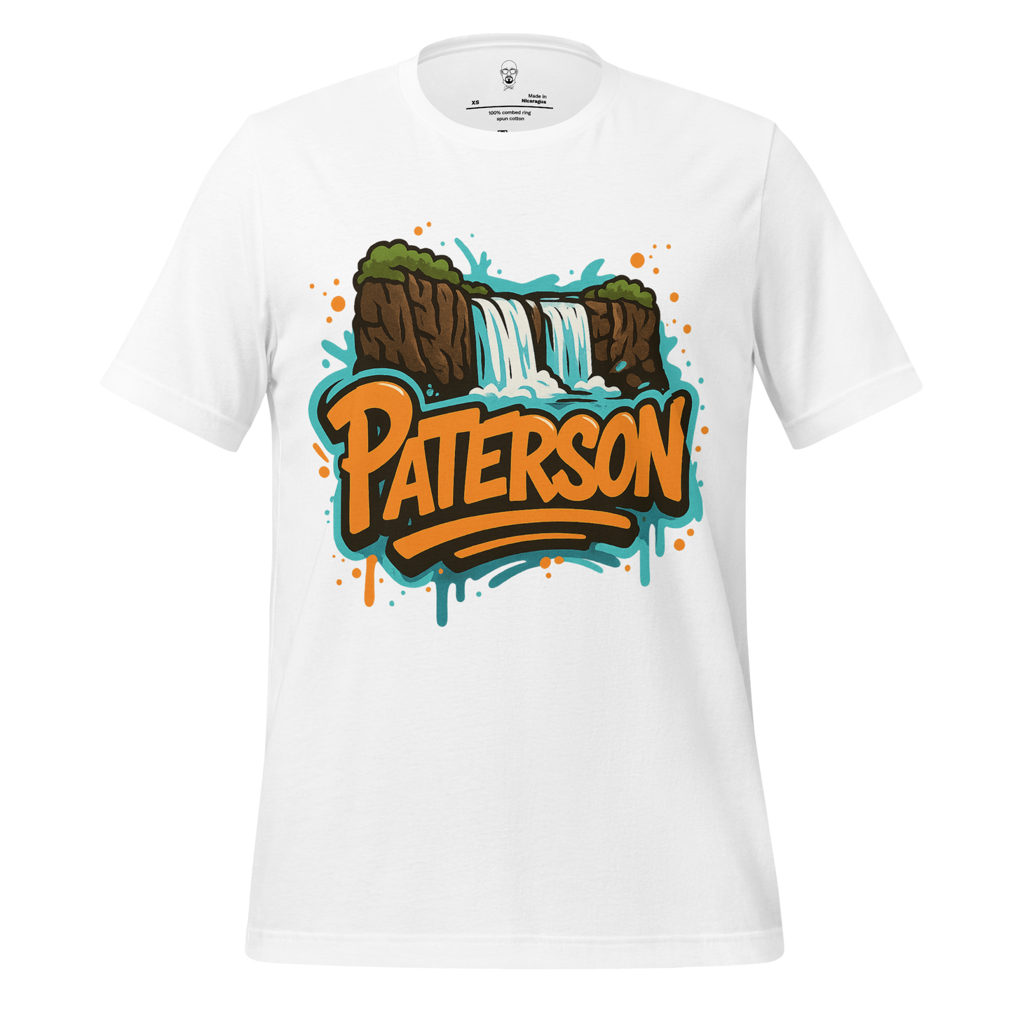 White JMK Drip Patterson Graphic T-Shirt featuring colorful waterfall and bold lettering design