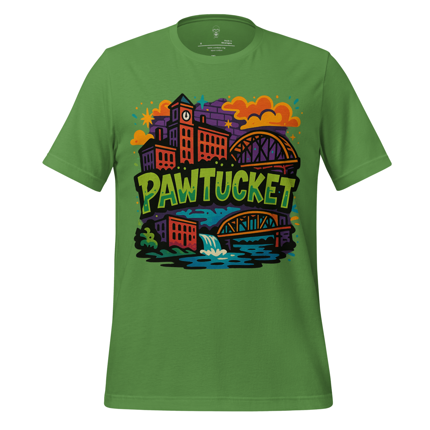 Green Pawtucket Graphic T-Shirt by JMK Drip featuring colorful cityscape and bridge design