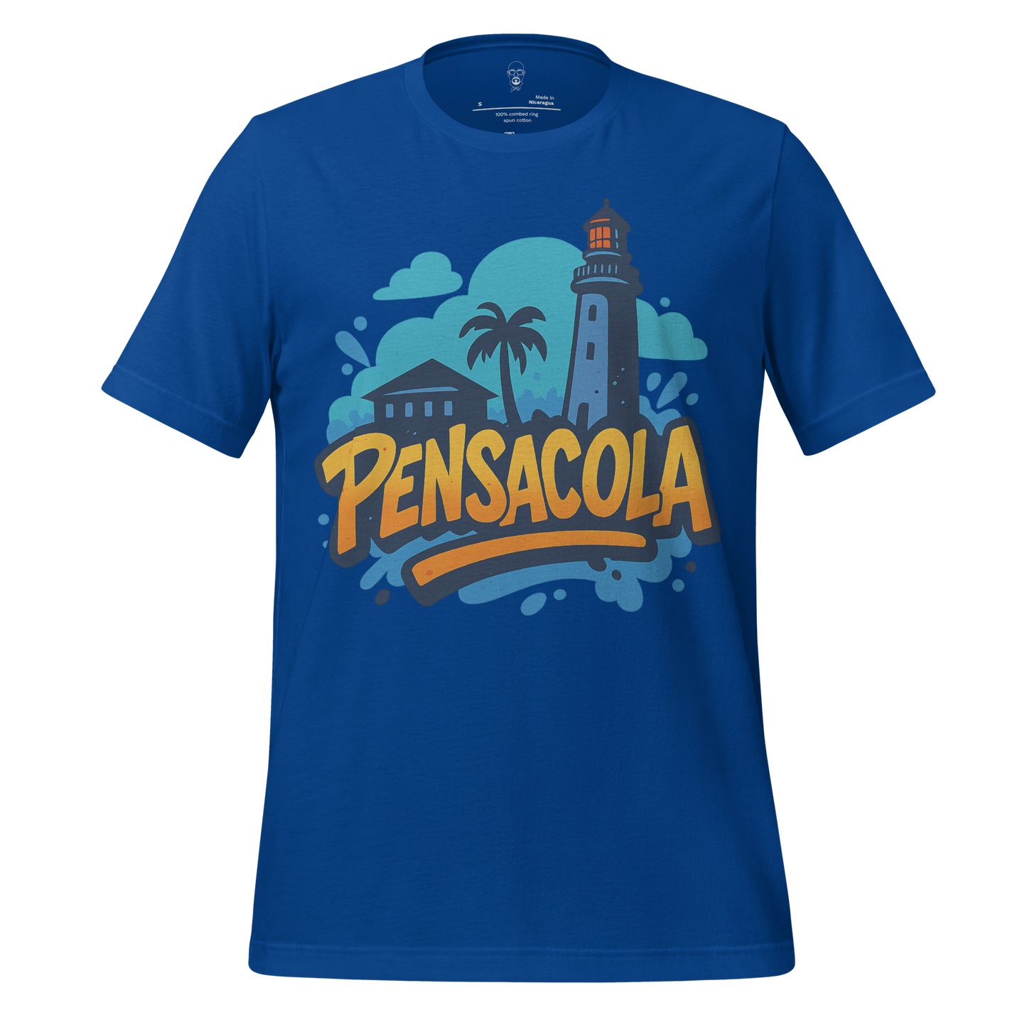 Blue Pensacola Graphic T-Shirt featuring lighthouse, palm tree, and coastal design in orange and blue colors