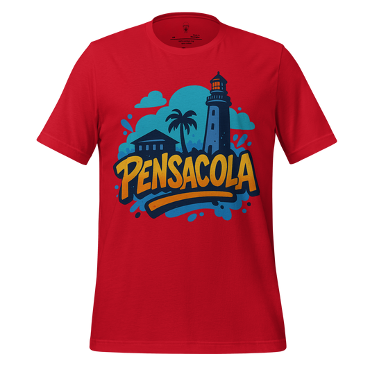 Red Pensacola Graphic T-Shirt with lighthouse, palm tree, and blue cloud design