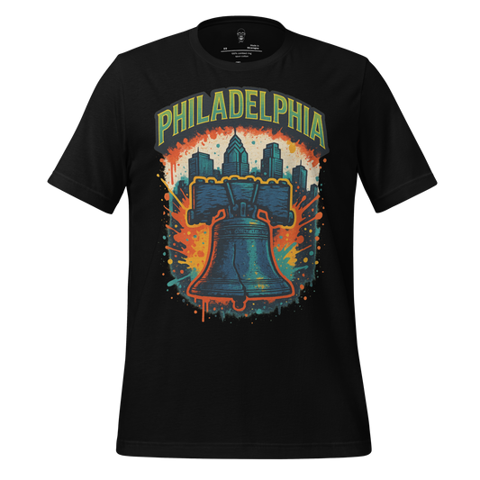 JMK Drip Philadelphia Graphic T Shirt with city skyline and Liberty Bell design on black