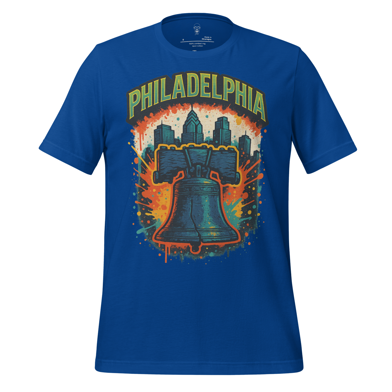 Blue Philadelphia Graphic T-Shirt featuring Liberty Bell and city skyline design by JMK Drip