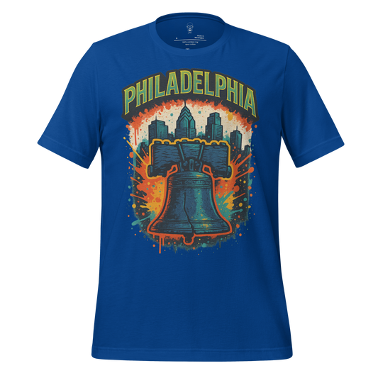 Blue Philadelphia Graphic T-Shirt featuring Liberty Bell and city skyline design by JMK Drip