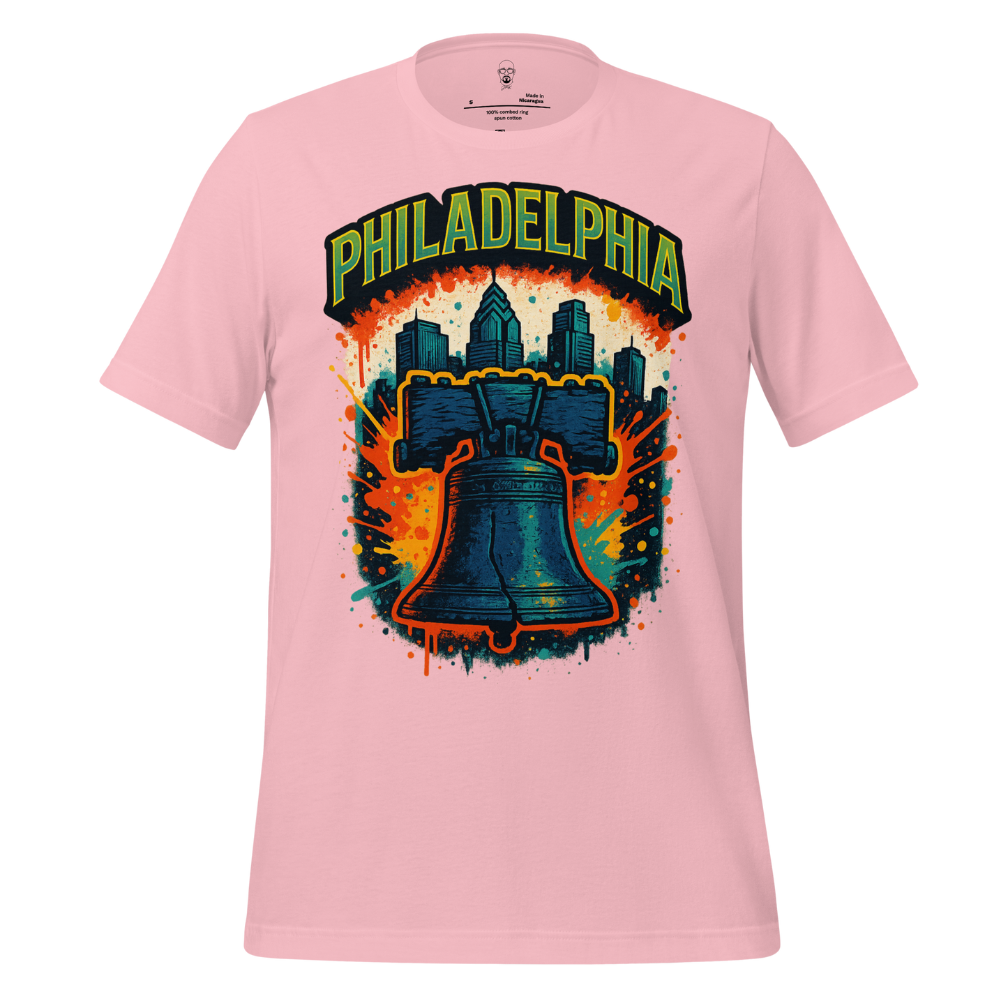 Pink Philadelphia Graphic T-Shirt with city skyline and Liberty Bell design by JMK Drip