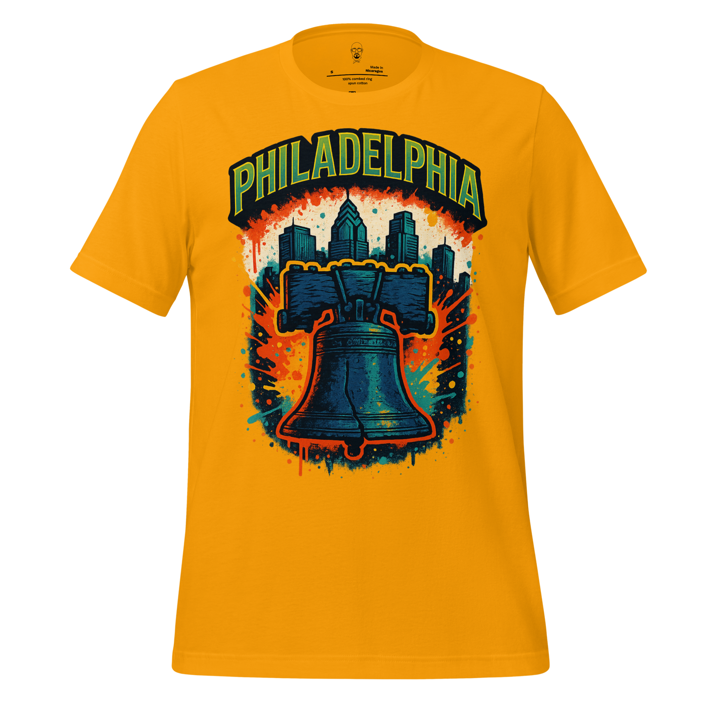 JMK Drip Philadelphia Graphic T-Shirt with Liberty Bell and city skyline on mustard yellow
