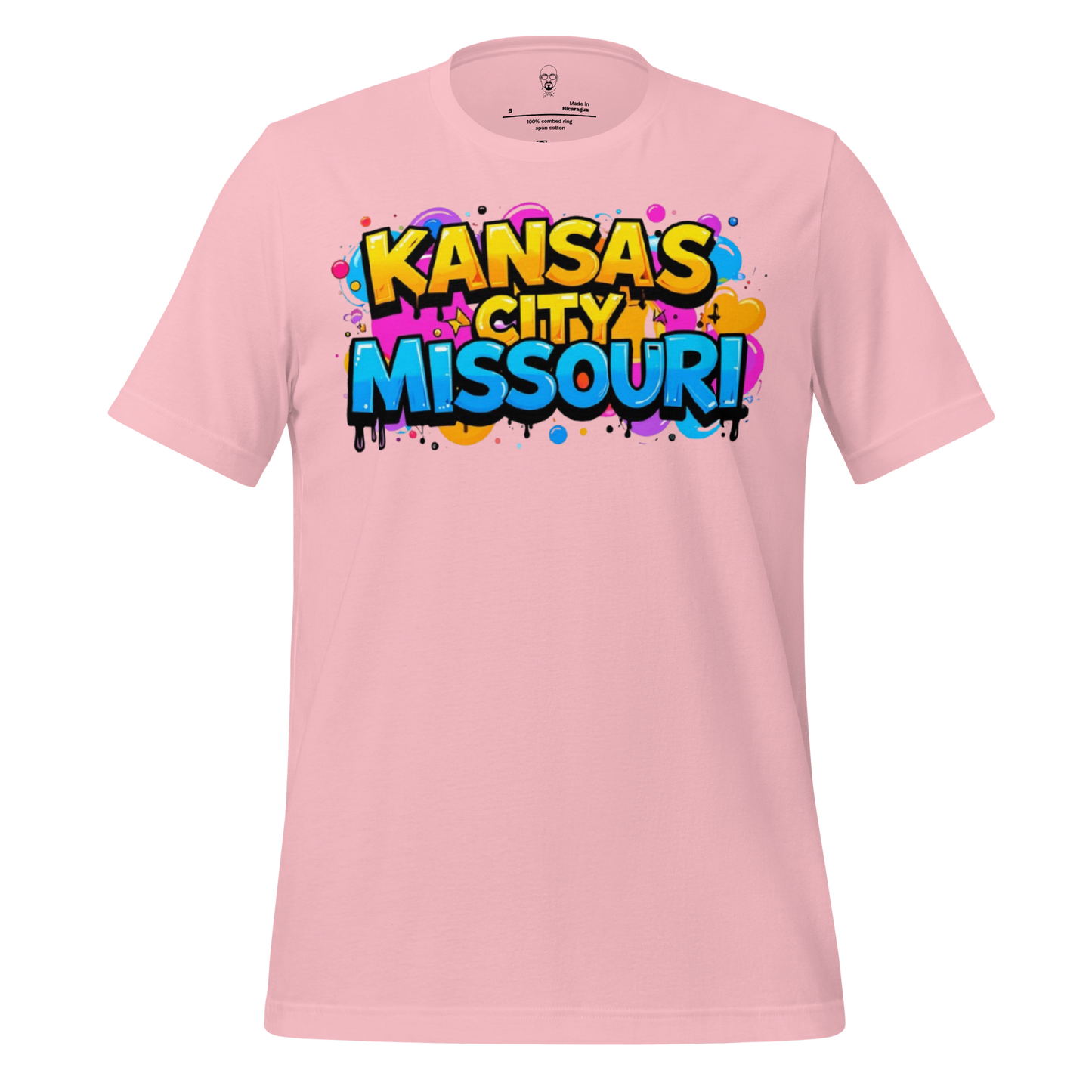Pink t-shirt with colorful graffiti design spelling Kansas City, Missouri - T-Shirt 3 by JMK Drip