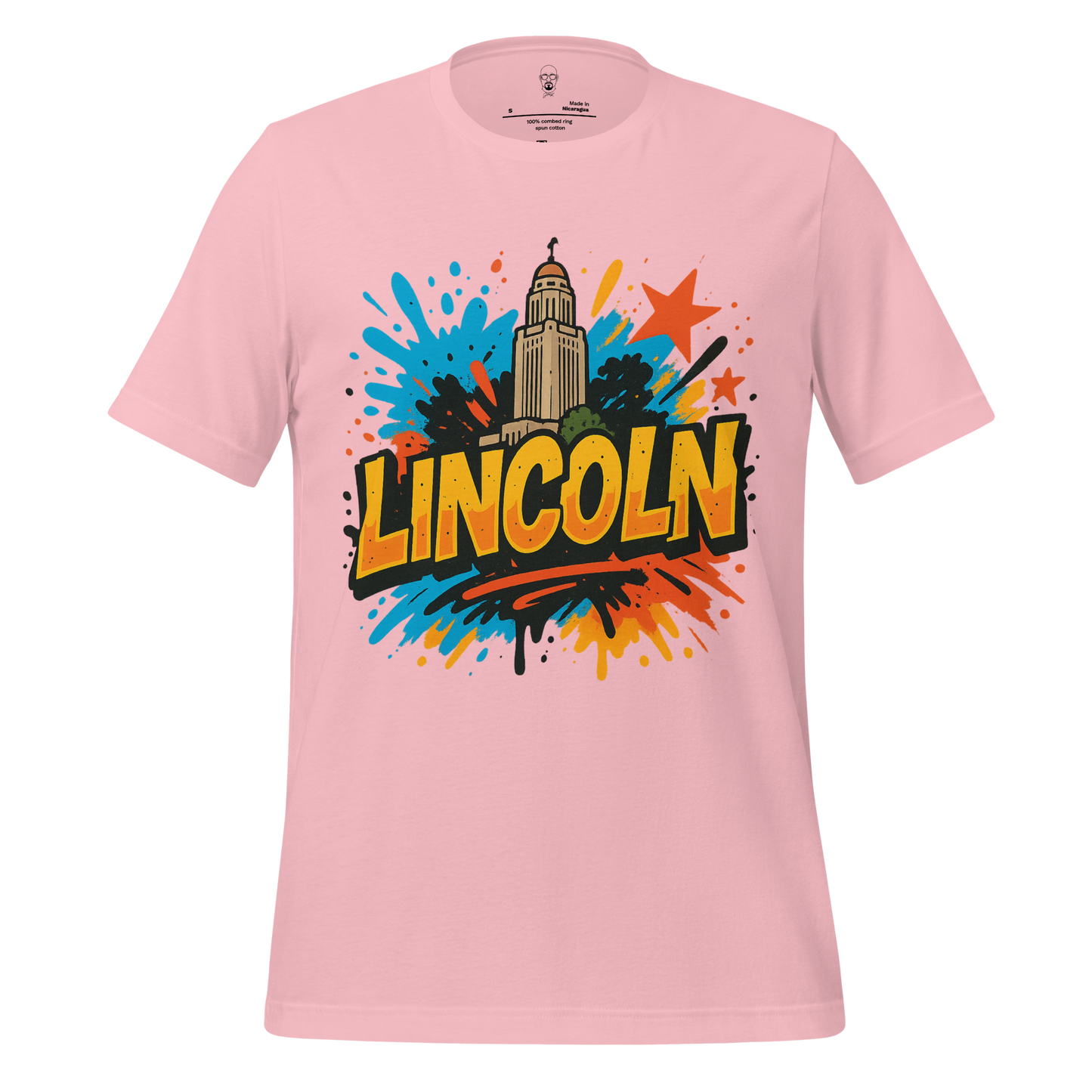 Pink Lincoln Graphic T-Shirt featuring colorful cityscape design with Lincoln text and stars