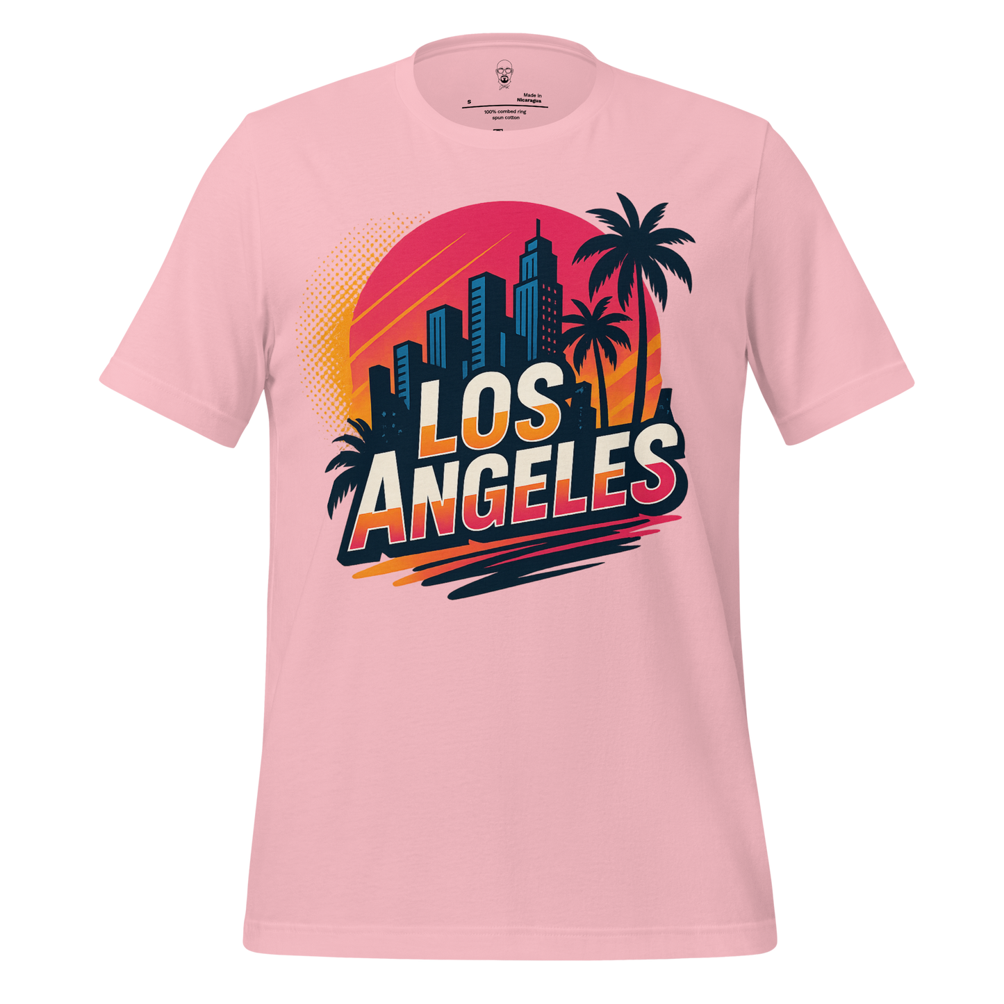 Pink Los Angeles Graphic T-Shirt with city skyline and palm tree design by JMK Drip