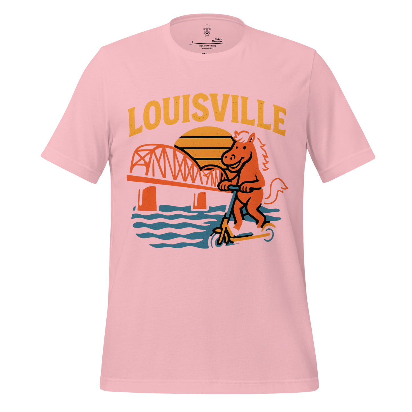 Pink Louisville graphic t-shirt with cartoon horse riding scooter and city bridge design