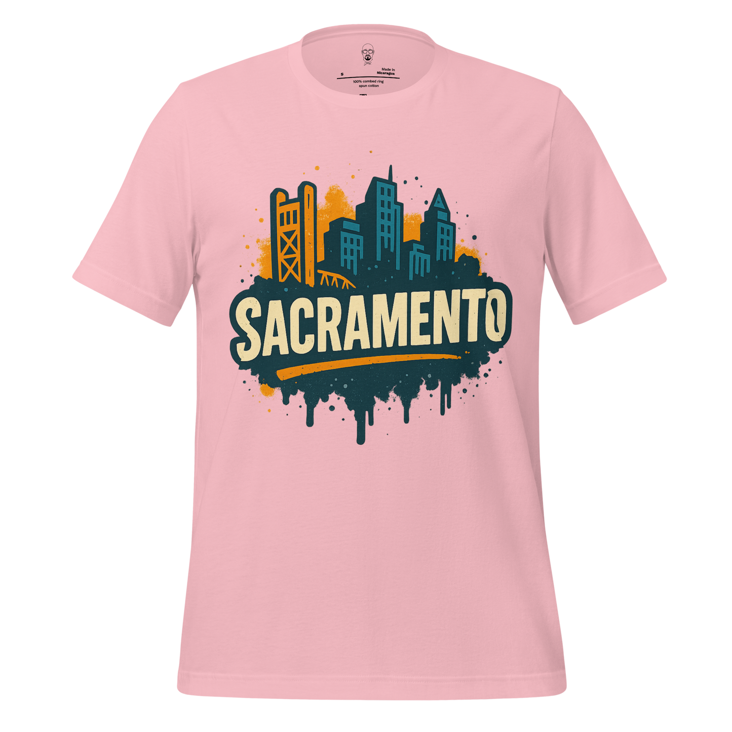 JMK Drip pink Sacramento Graphic T-Shirt featuring city skyline and bold text design