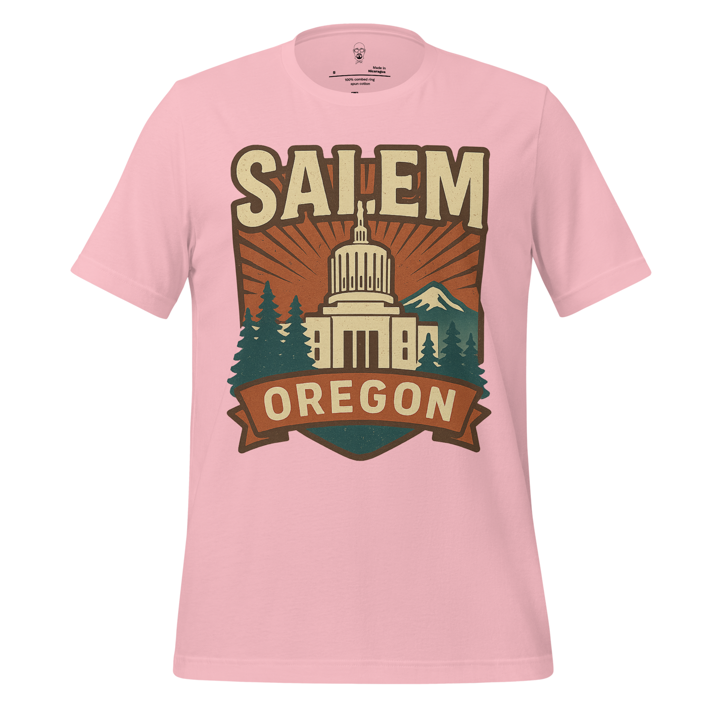 Pink Salem Graphic T-Shirt featuring Oregon Capitol building with trees and mountain design