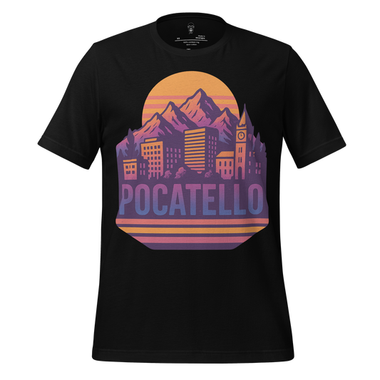 JMK Drip Pocatello Graphic T-Shirt with mountain and city skyline design on black fabric