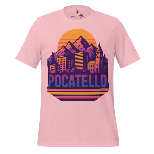 JMK Drip pink Pocatello Graphic T-Shirt with mountain and city skyline design