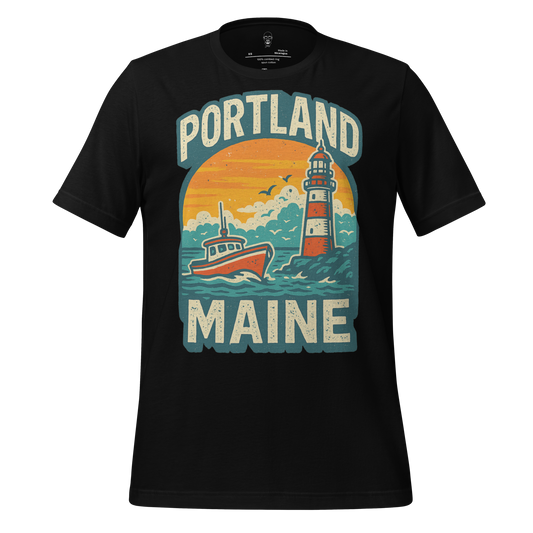Black Portland Graphic T-Shirt 1featuring Portland Maine lighthouse and boat with sunset background