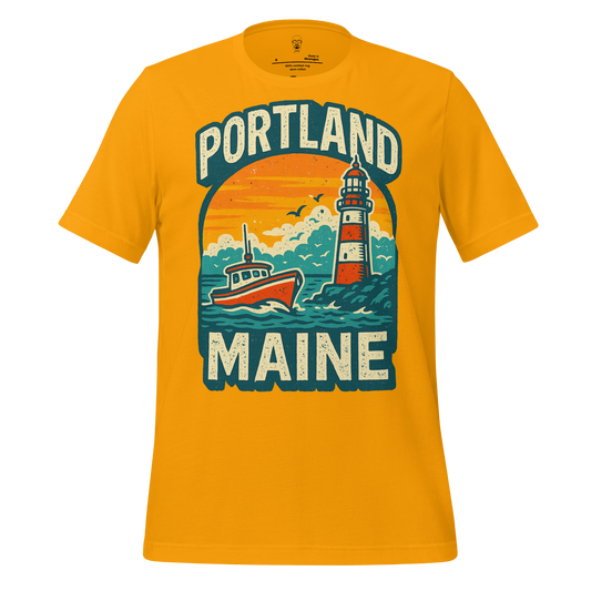 JMK Drip yellow Portland Graphic T-Shirt 1 featuring Portland Maine lighthouse and boat design