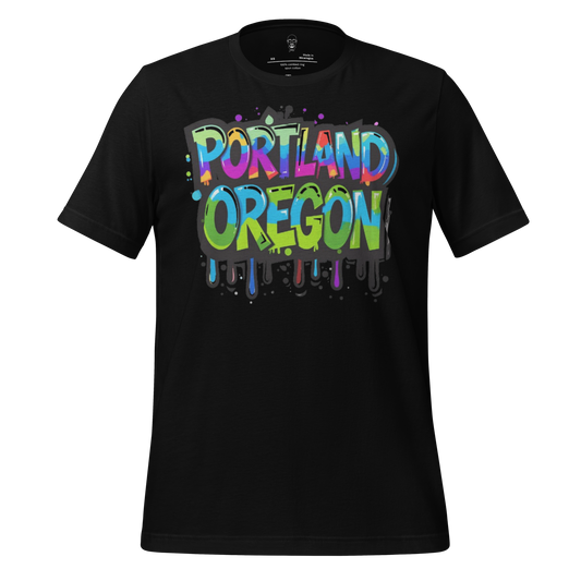 Black Portland Oregon graphic tee with colorful graffiti style text and drip design