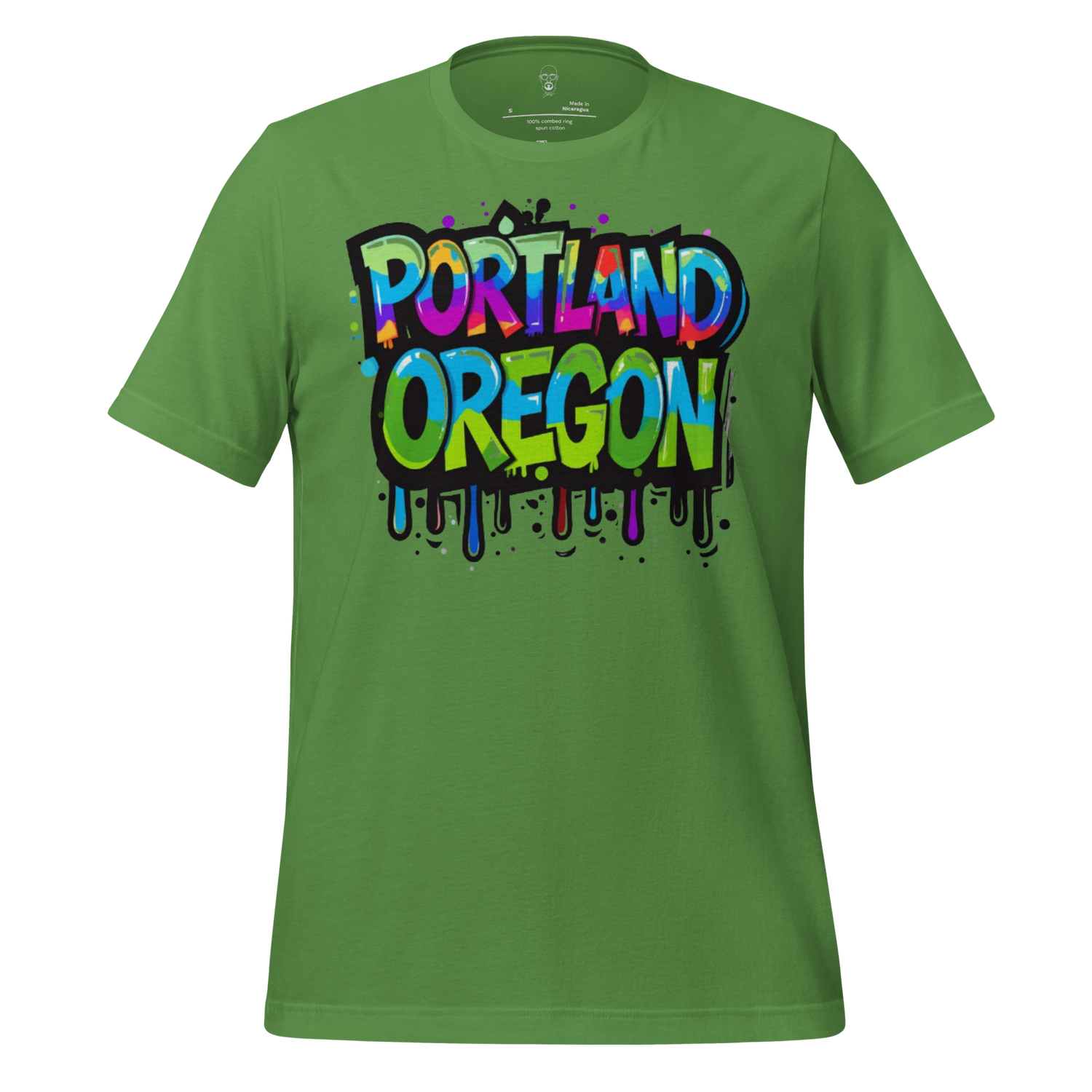 Green Portland Oregon graphic tee with colorful graffiti style text and paint drip design
