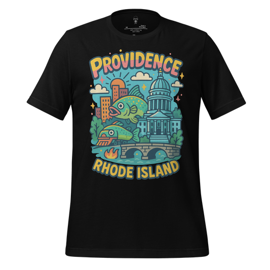 JMK Drip Providence Graphic T-Shirt with colorful Rhode Island cityscape and fish design on black