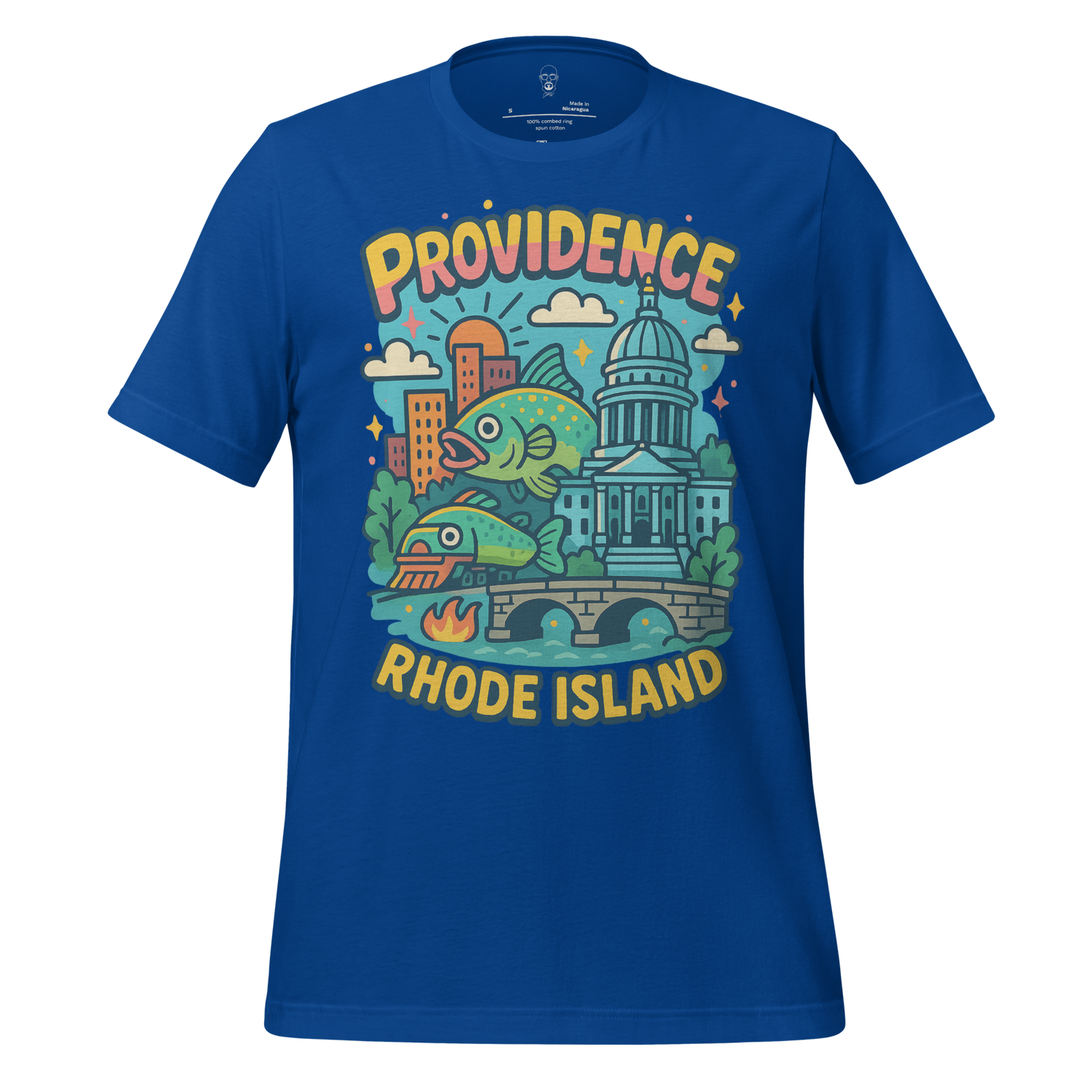 JMK Drip Providence Graphic T-Shirt in blue with colorful Rhode Island city and fish design