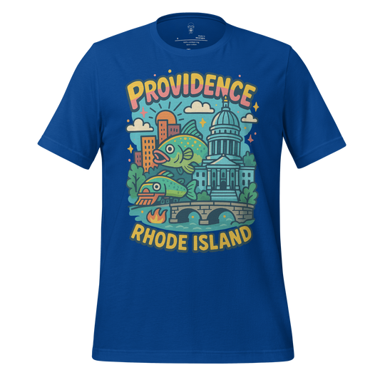 JMK Drip Providence Graphic T-Shirt in blue with colorful Rhode Island city and fish design
