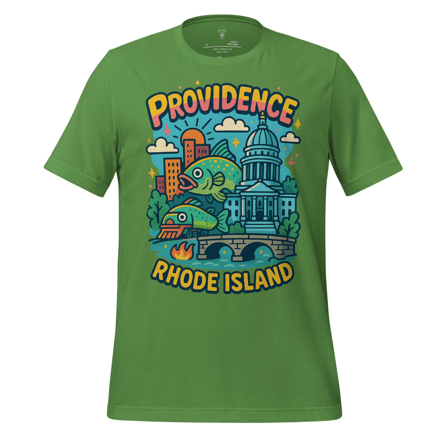 Green Providence Graphic T-Shirt by JMK Drip with colorful Rhode Island city and fish illustration