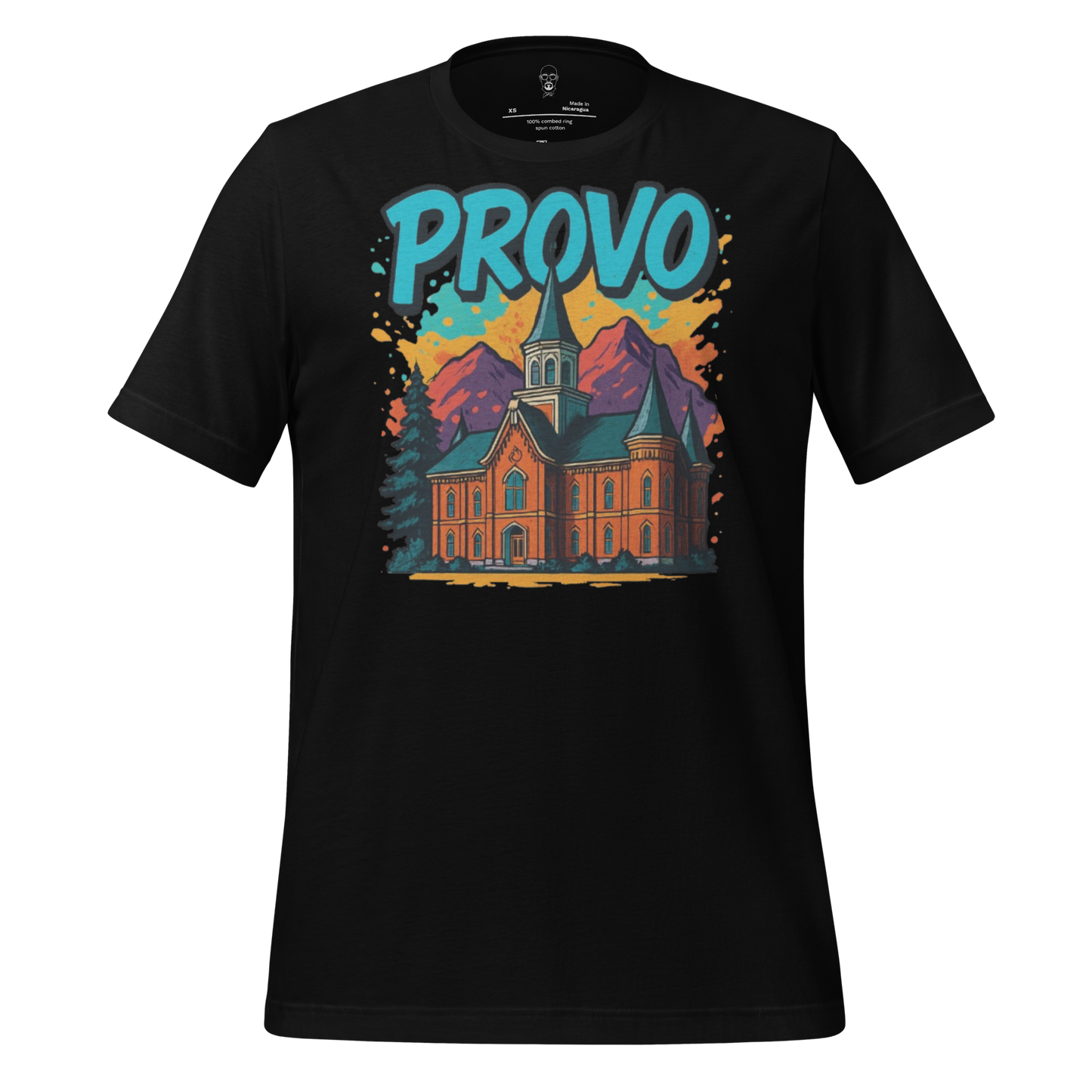 Black JMK Drip Provo graphic t-shirt featuring a colorful church and mountain design