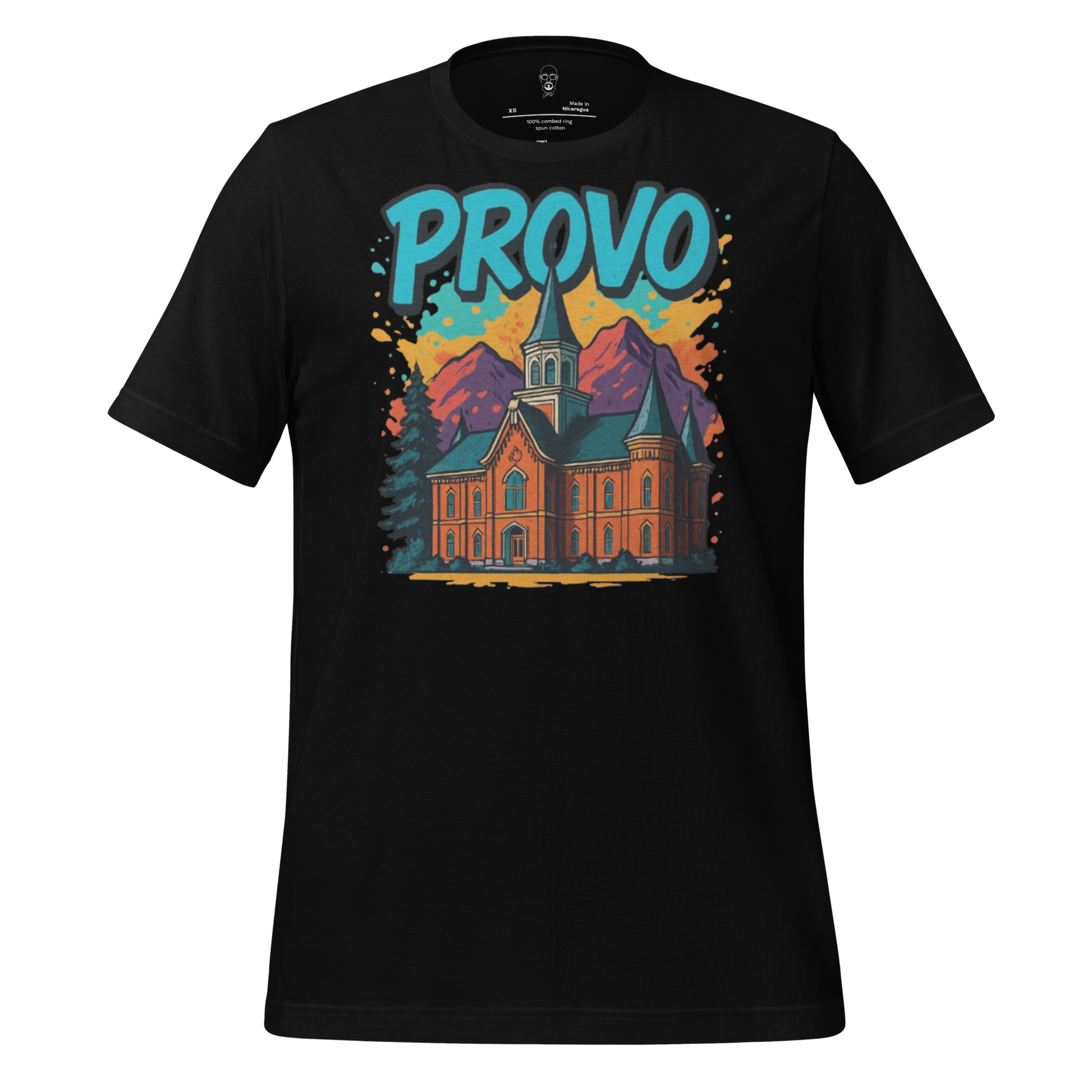 Black JMK Drip Provo graphic t-shirt featuring a colorful church and mountain design