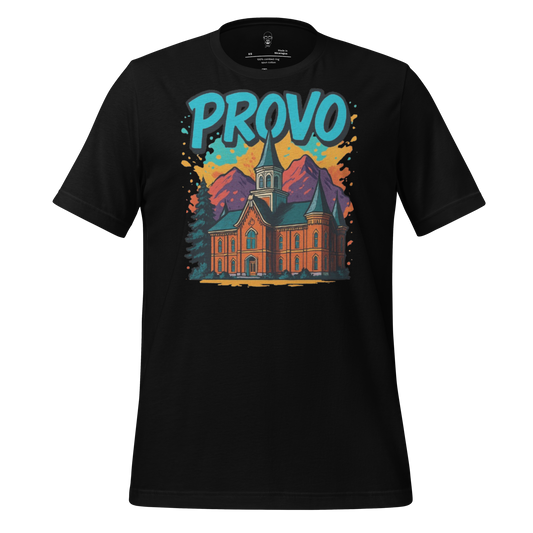 Black JMK Drip Provo graphic t-shirt featuring a colorful church and mountain design