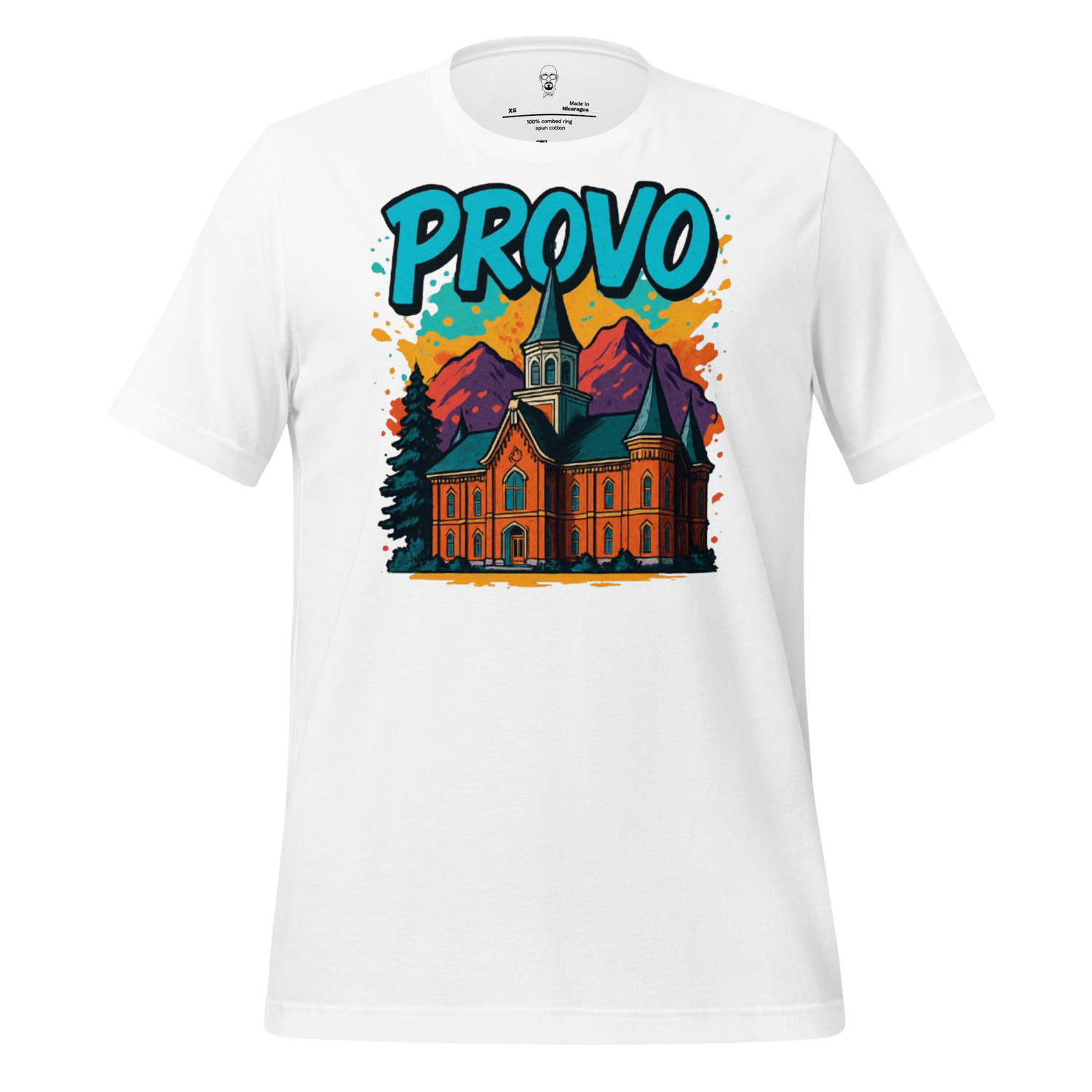 JMK Drip white Provo graphic t-shirt featuring colorful church and mountain design