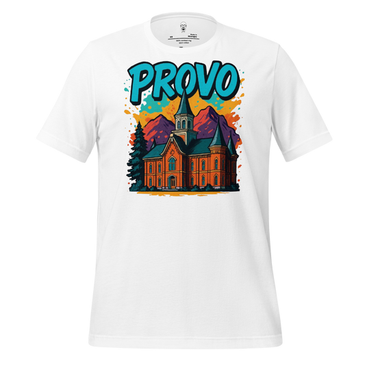JMK Drip white Provo graphic t-shirt featuring colorful church and mountain design