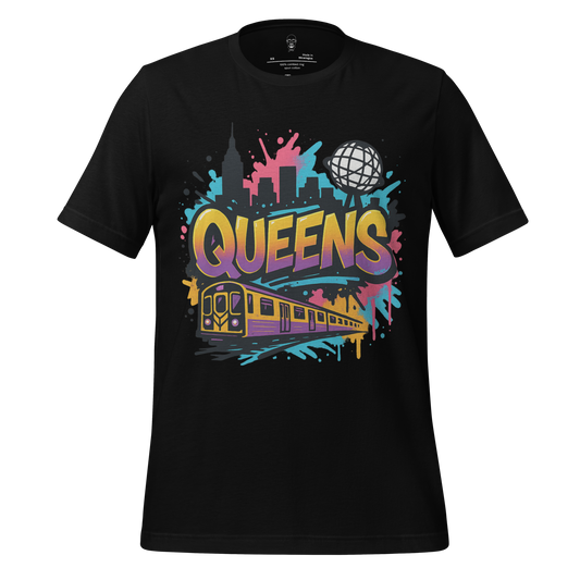 JMK Drip Queens Graphic T-Shirt featuring colorful Queens subway train and city skyline design on black fabric