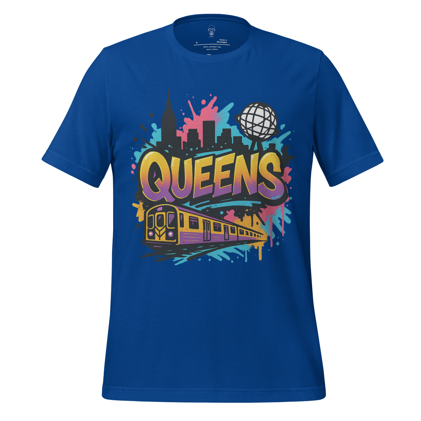 Blue Queens Graphic T-Shirt with colorful skyline, subway train, and Queens text design