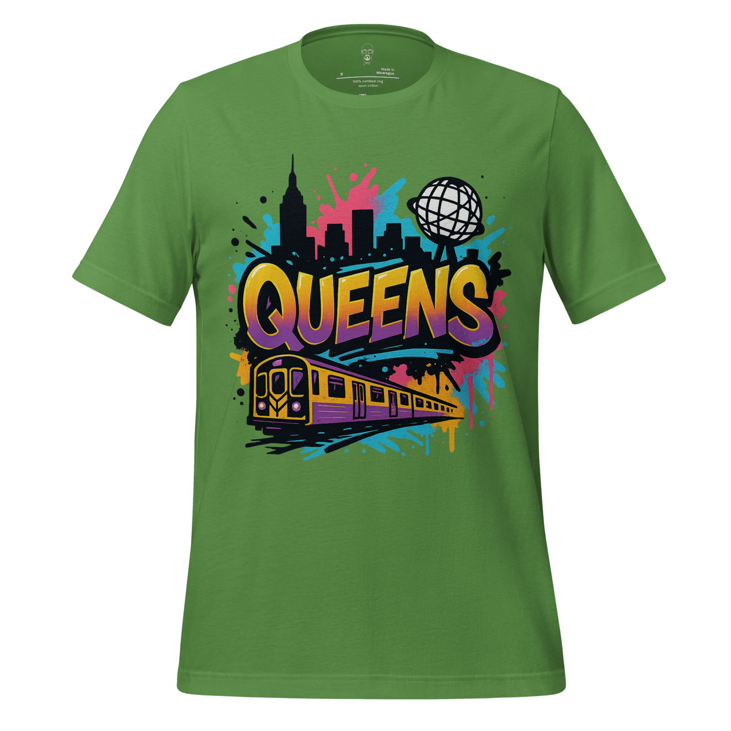 JMK Drip Queens Graphic T-Shirt green with colorful Queens text and city skyline design